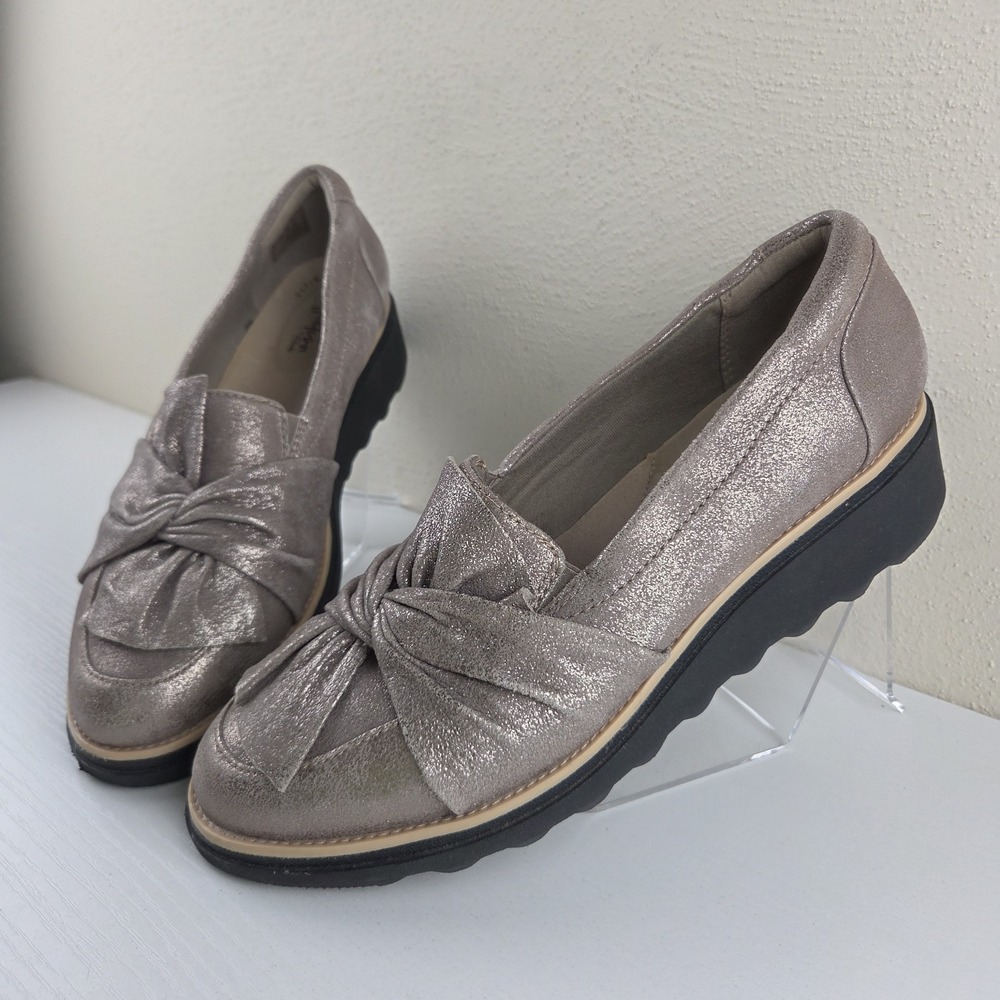 Clarks Collection Sharon Dasher Metallic Pewter Loafers Comfort Shoes Womens 9 M